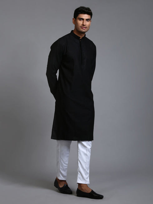 Vastramay Men's Black Cotton Blend Kurta and White Pant Set